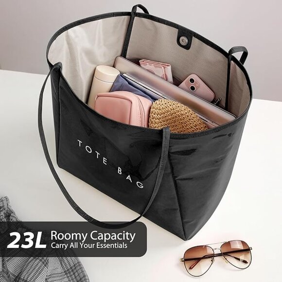 Women’s Large PVC Black Tote Bag Oversized Shopper Handbag with Shoulder Straps - Picture 4 of 6